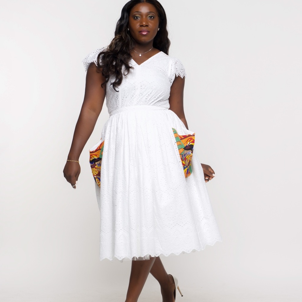 Luxury vintage style circle dress with over-sized hand-beaded colorful pocket